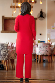 New Kenza - Pliseli Tunik / Pantolon Kırmızı Tesettür Takım 50660K - Thumbnail