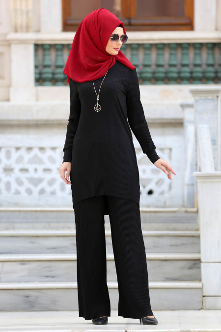 New Kenza - Pliseli Tunik / Pantolon Siyah Tesettür Takım 50660S
