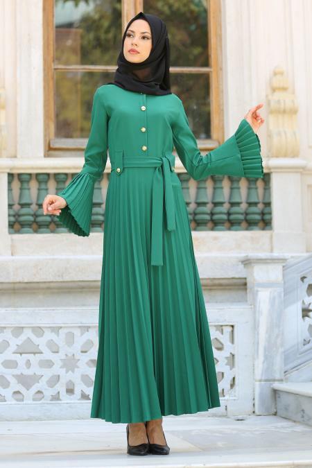 New Kenza - Pliseli Yeşil Tesettür Elbise 3066Y - 2