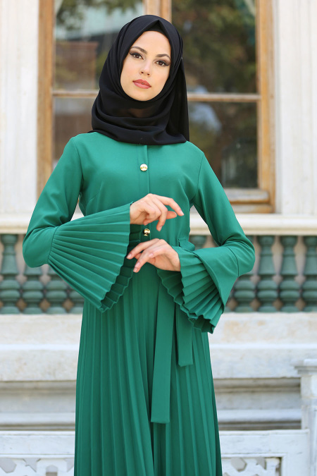 New Kenza - Pliseli Yeşil Tesettür Elbise 3066Y