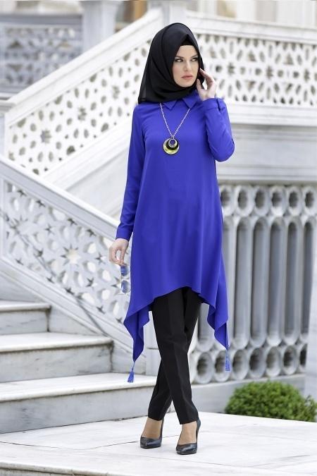 New Kenza - Püskül Detaylı Sax Mavi Tunik - 2