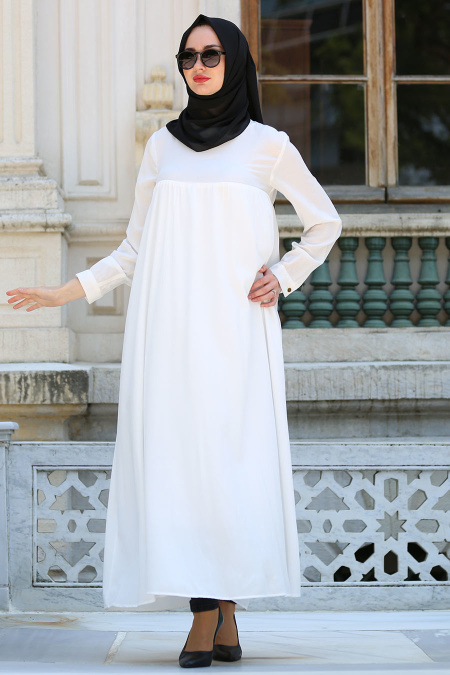 New Kenza - Robalı Beyaz Tesettur Elbise 3006B
