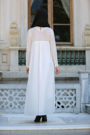 New Kenza - Robalı Beyaz Tesettur Elbise 3006B - Thumbnail
