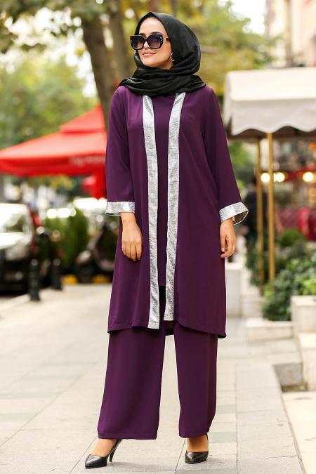 New Kenza- Şerit Detaylı Ceket & Pantolon Mürdüm Tesettür Takım 5115MU - 1
