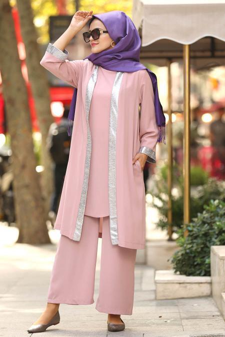 New Kenza- Şerit Detaylı Ceket & Pantolon Pudra Tesettür Takım 5115PD - 1