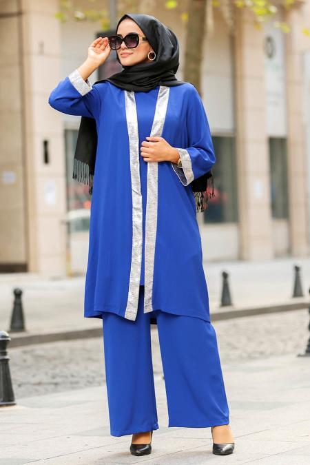 New Kenza- Şerit Detaylı Ceket & Pantolon Sax Mavisi Tesettür Takım 5115SX - 1