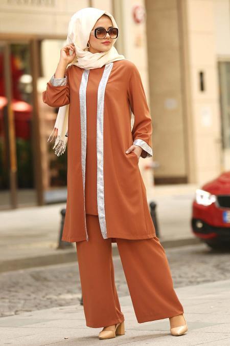 New Kenza- Şerit Detaylı Ceket & Pantolon Taba Tesettür Takım 5115TB - 1