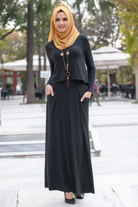 Nayla Collection - Siyah Penye Tesettür Elbise 3030S