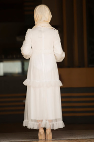 New Kenza - Tüllü Beyaz Tesettür Elbise 3168B - Thumbnail