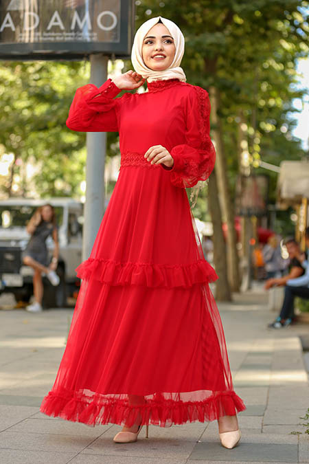 New Kenza - Tüllü Kırmızı Tesettür Elbise 3168K