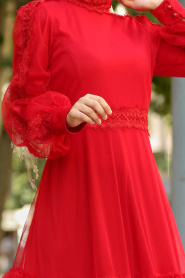 New Kenza - Tüllü Kırmızı Tesettür Elbise 3168K - Thumbnail