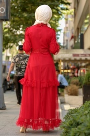 New Kenza - Tüllü Kırmızı Tesettür Elbise 3168K - Thumbnail