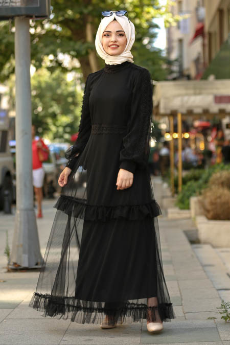 New Kenza - Tüllü Siyah Tesettür Elbise 3168S