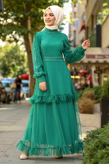 New Kenza - Tüllü Yeşil Tesettür Elbise 3168Y