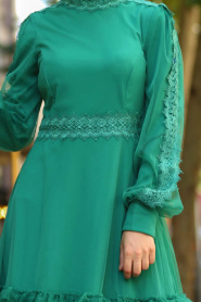 New Kenza - Tüllü Yeşil Tesettür Elbise 3168Y - Thumbnail