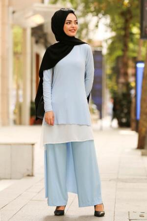 New Kenza- Tunik & Pantolon İkili Bebek Mavisi Tesettür Takım 51191BM - 1