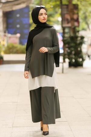 New Kenza- Tunik & Pantolon İkili Haki Tesettür Takım 51191HK - 1