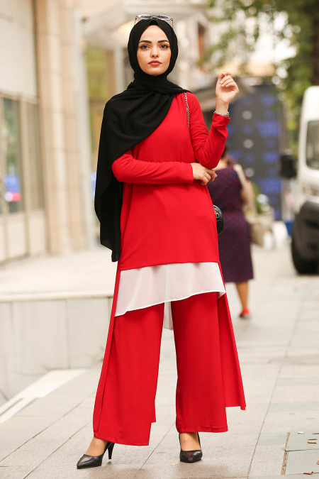 New Kenza- Tunik & Pantolon İkili Kırmızı Tesettür Takım 51191K