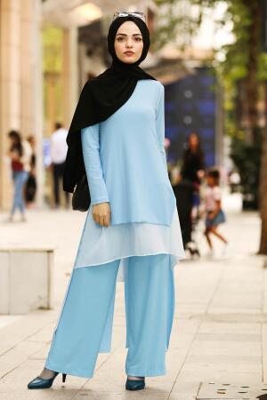New Kenza- Tunik & Pantolon İkili Mavi Tesettür Takım 51191M - 1