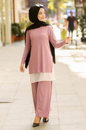 New Kenza- Tunik & Pantolon İkili Pudra Tesettür Takım 51191PD - 1