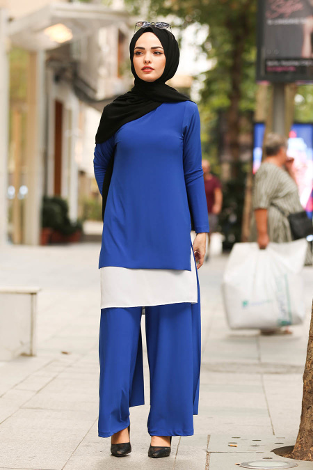 New Kenza- Tunik & Pantolon İkili Sax Mavisi Tesettür Takım 51191SX