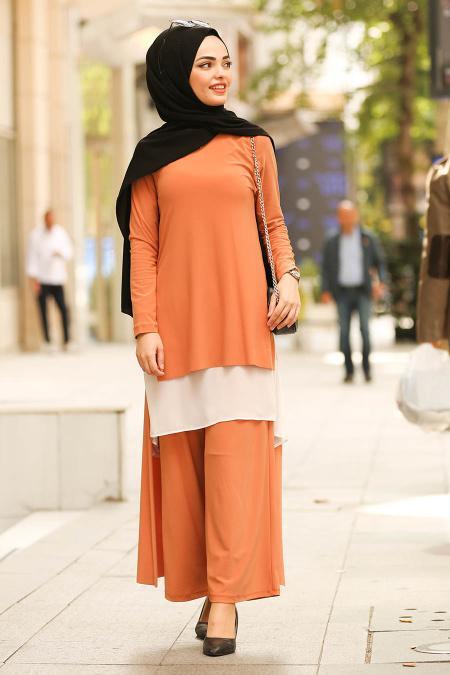 New Kenza- Tunik & Pantolon İkili Taba Tesettür Takım 51191TB - 1