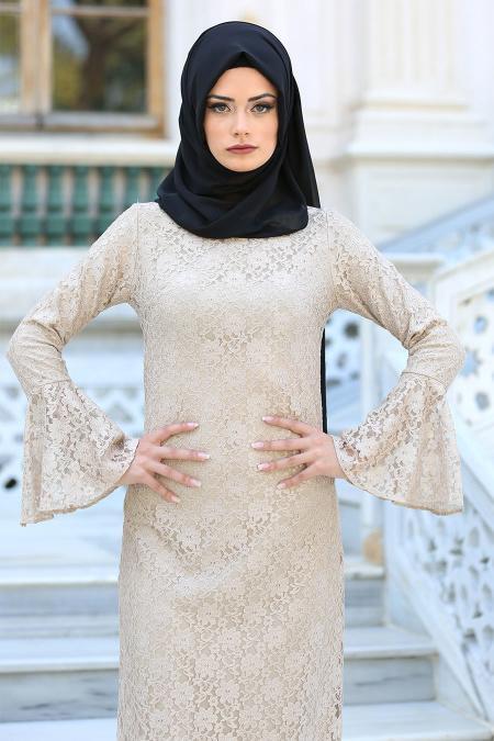 New Kenza - Volan Kol Bej Dantel Tesettür Elbise 3067BEJ - 2