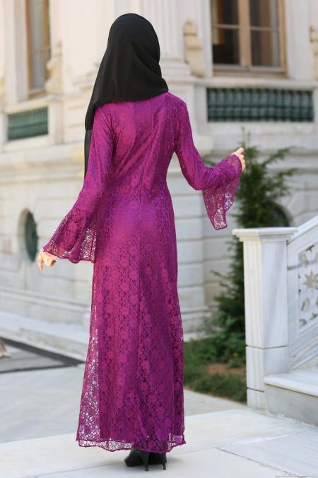 New Kenza - Volan Kol Mor Dantel Tesettür Elbise 3067MOR - 3