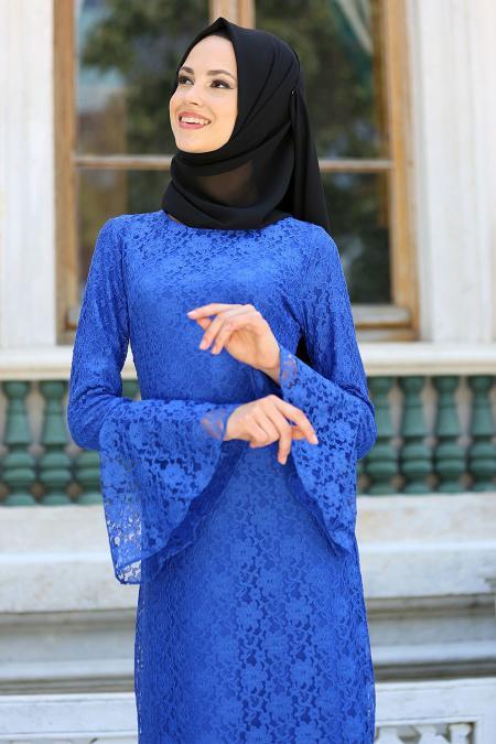 New Kenza - Volan Kol Saks Mavisi Dantel Tesettür Elbise 3067SX - 2