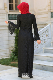 New Kenza - Volan Kol Siyah Dantel Tesettür Elbise 3067S - Thumbnail