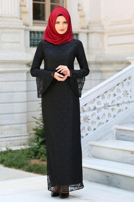 New Kenza - Volan Kol Siyah Dantel Tesettür Elbise 3067S - 2