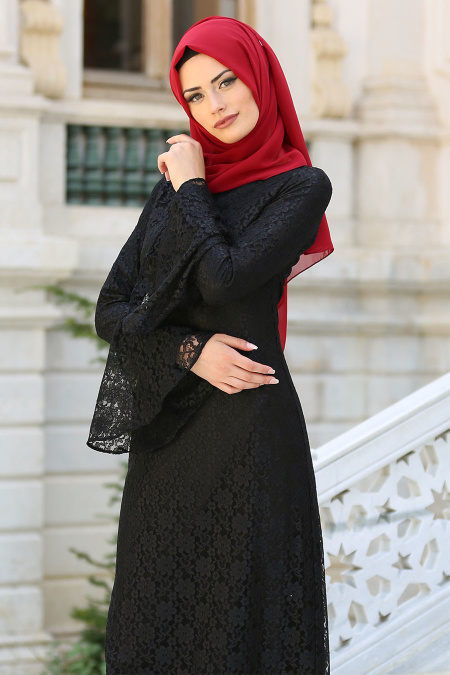 New Kenza - Volan Kol Siyah Dantel Tesettür Elbise 3067S