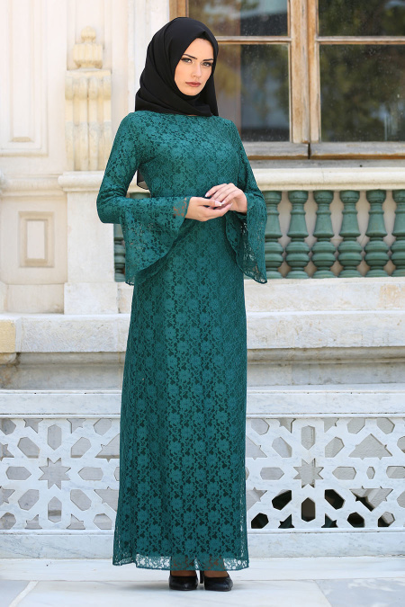 New Kenza - Volan Kol Yeşil Dantel Tesettür Elbise 3067Y