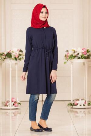 New Kenza - Yakası Broşlu Lacivert Tesettür Tunik 2857L - 1