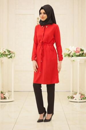 New Kenza - Yakası Broşlu Kırmızı Tesettür Tunik 2857K - 1