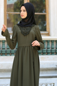New Kenza - Yakası Dantelli Haki Tesettür Elbise 3075HK - Thumbnail