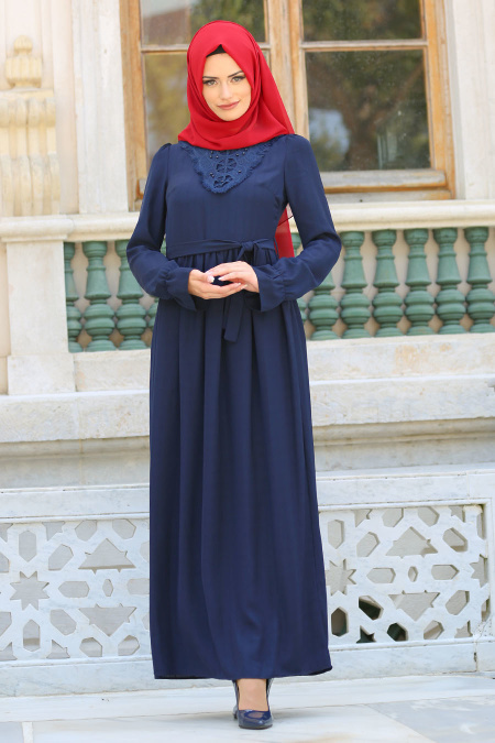New Kenza - Yakası Dantelli Lacivert Tesettür Elbise 3075L