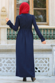 New Kenza - Yakası Dantelli Lacivert Tesettür Elbise 3075L - Thumbnail