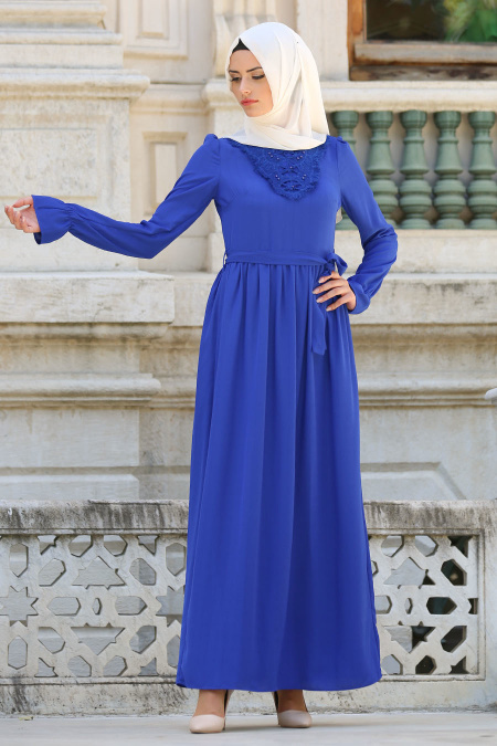 New Kenza - Yakası Dantelli Saks Mavisi Tesettür Elbise 3075SX
