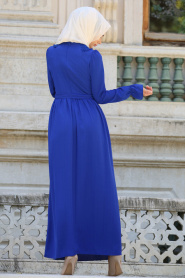 New Kenza - Yakası Dantelli Saks Mavisi Tesettür Elbise 3075SX - Thumbnail