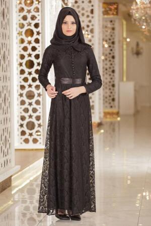 New Kenza - Dantelli Siyah Tesettür Elbise 30000S - 1