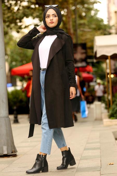 Noir - Nayla Collection - Hijab Trench Manteau 5545S - 2