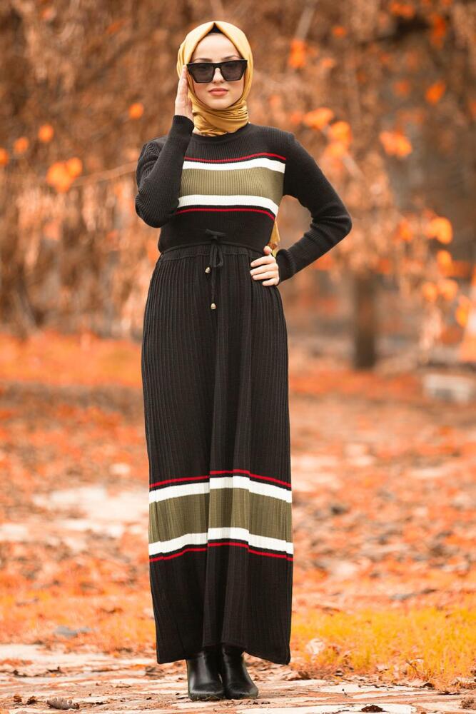 Noir - Nayla Collection - Robe En Tricot Hijab 15583S - 1