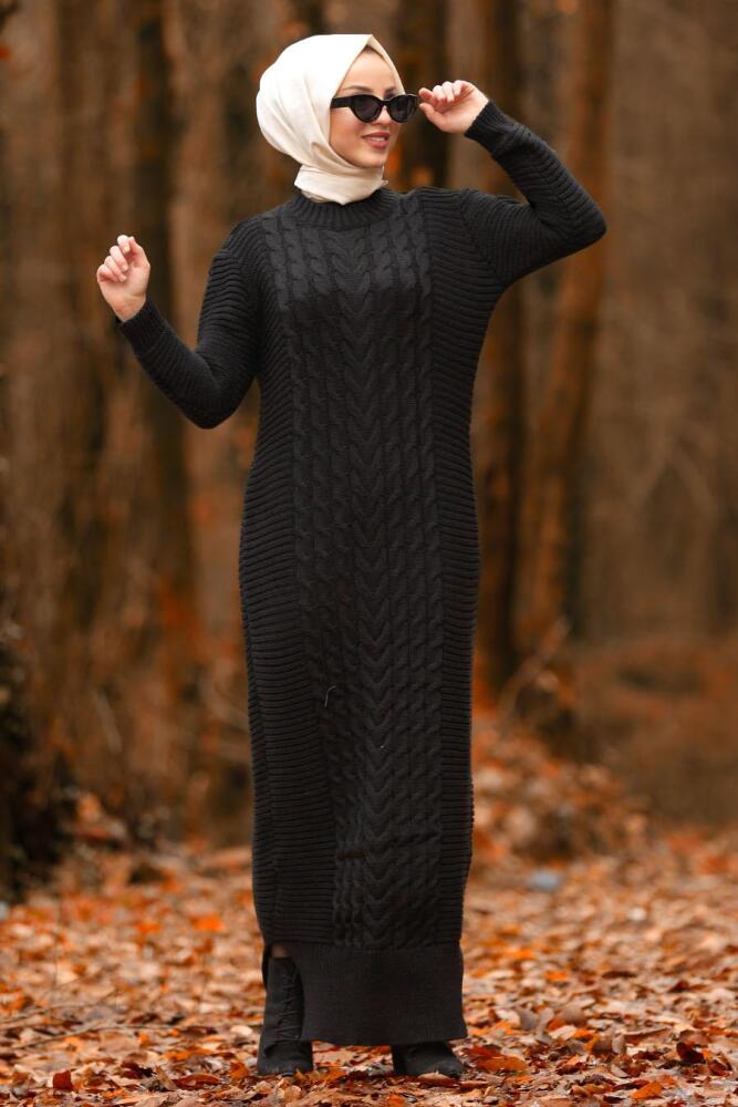 Noir - Nayla Collection - Robe En Tricot Hijab 2111S - 2