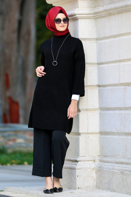 Noir - Neva Style pull en maille hijab 2919S