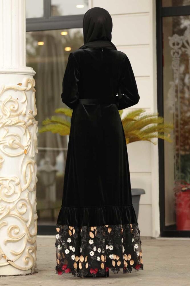 Noir - Neva Style - Robe En Velours Hijab - 11022S - 2