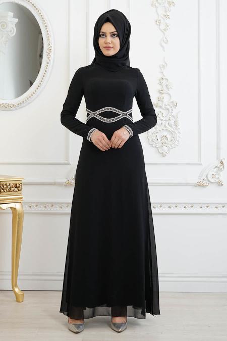 Noir - Tesettürlü Abiye Elbise- Robe de Soirée 8094S - 2