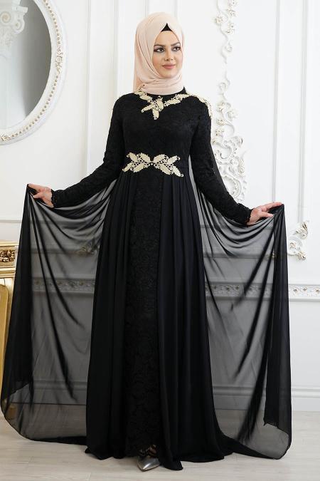 Noir - Tesettürlü Abiye Elbise- Robe de Soirée 8110s - 2