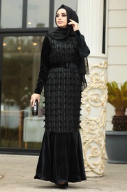 Noir - Tesettürlü Abiye Elbise - Robe de Soirée Hijab - 11031S - Thumbnail