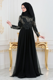 Noir - Tesettürlü Abiye Elbise - Robe de Soirée Hijab 2009S - Thumbnail